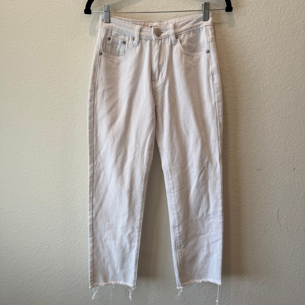 Superdown White High Waisted Straight Leg Raw Hem Denim Jeans Size 23